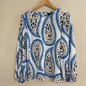 Ann Taylor Blue White Paisley Patterned Long Sleeve Blouse size M Career Office